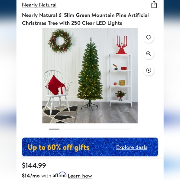 Nearly Natural 6' Slim Green Mountain Pine Artificial Christmas Tree with 250 Cl - Picture 3 of 4